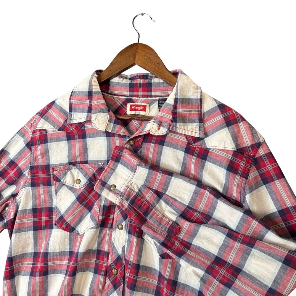 Wrangler Men XL Plaid Western Pearl Snap Long Sleeve Shirt Red Blue Cotton Blend